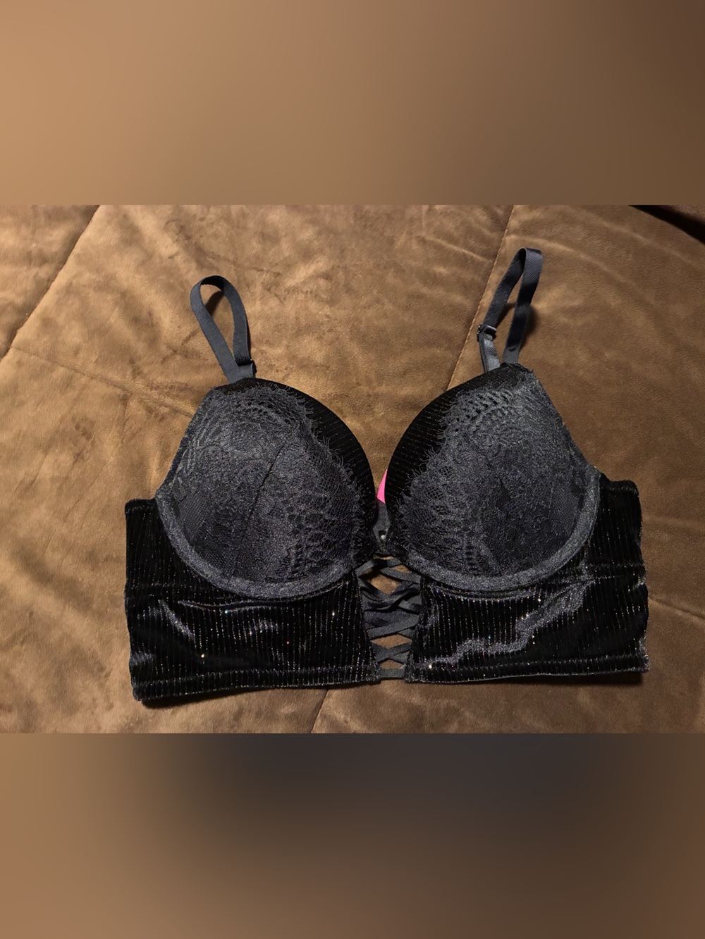 La SENZA Black Lace Longline Bralette with Front Lacing